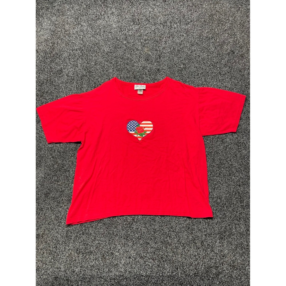 Get Lucky USA Womens Red American Flag Heart Rose Graphic T-Shirt XL Vtg Style